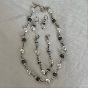 Necklace Earrings and Bracelet Set Sterling Silver Fresh Water Pearl Marcasite